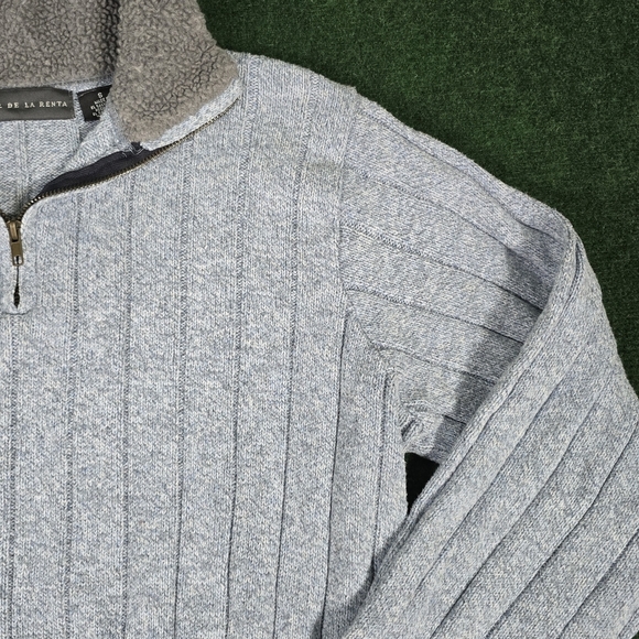 Oscar De LA Renta | Textured Stripe Waffle Knit Mock Neck Sherpa Collar Pullover - Picture 8 of 15